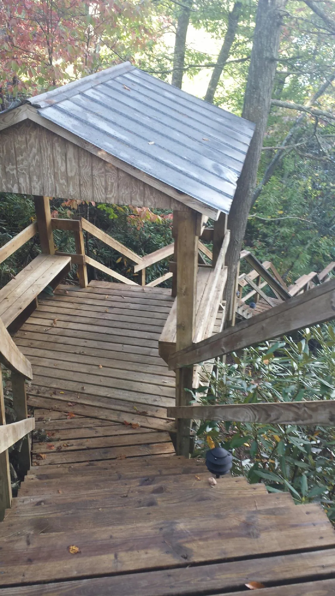 Metal roofed shelter over wooden steps on a wooded walkway — Skylight Repair & Installation work by our crew in Taholah